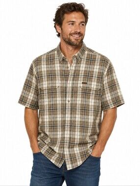 RedHead Plaid Short Sleeve Button Front Shirt Men’s XL Brown Tan Blue 100% Cotto